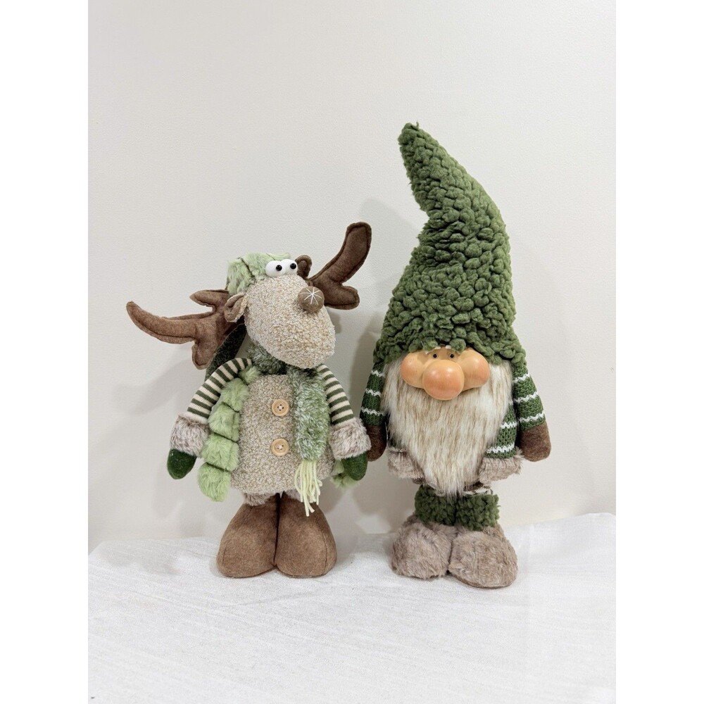 Set of 2 Christmas Gnome & Reindeer Plush Decor Green 16” & 20”